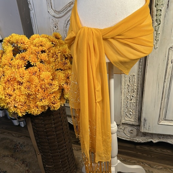 Elegant Gold Embroidered and Beaded Mustard Color Sheer Rectangle Scarf - Picture 4 of 4